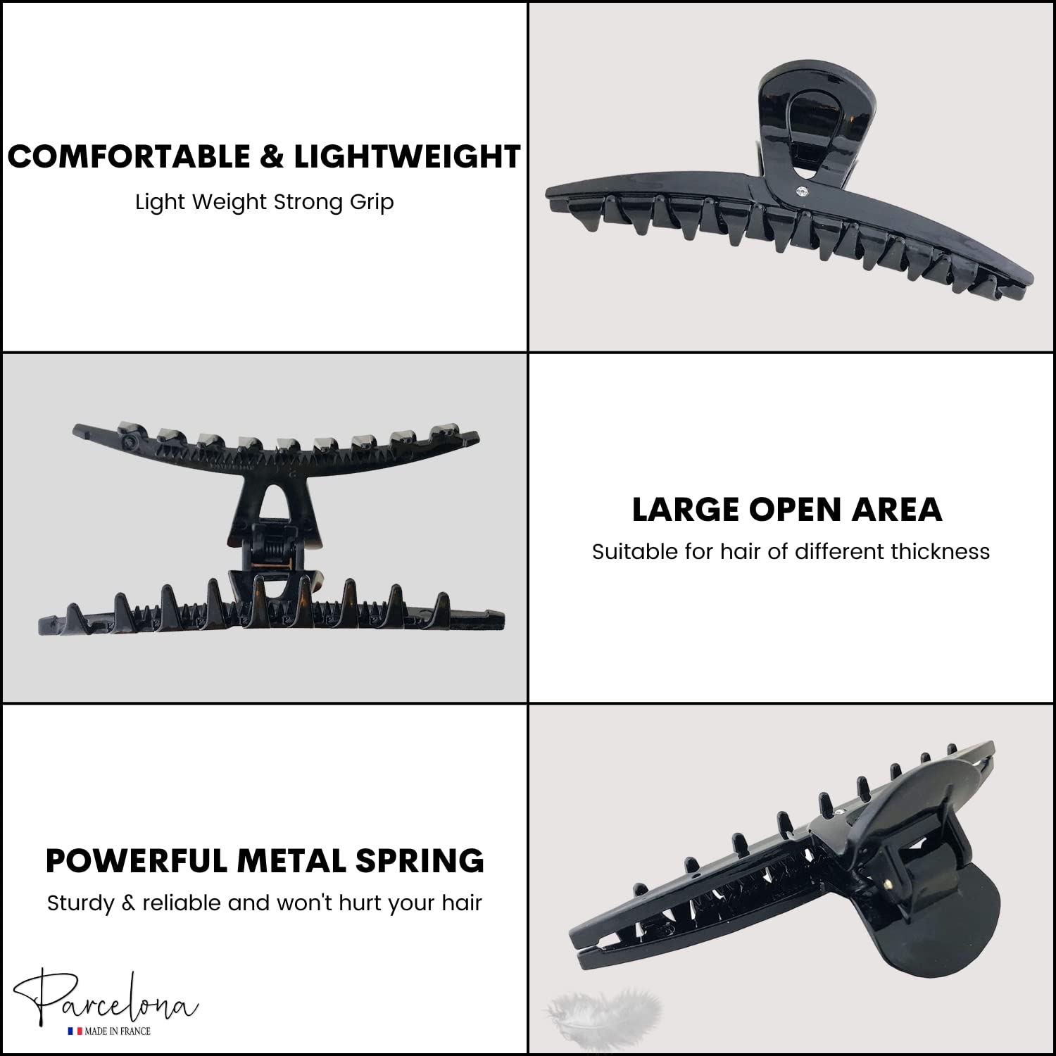 Parcelona France Pinch Black Covered Spring Crystal Jaw Hair Claw Clip Clamp Clutcher with Inner Teeth