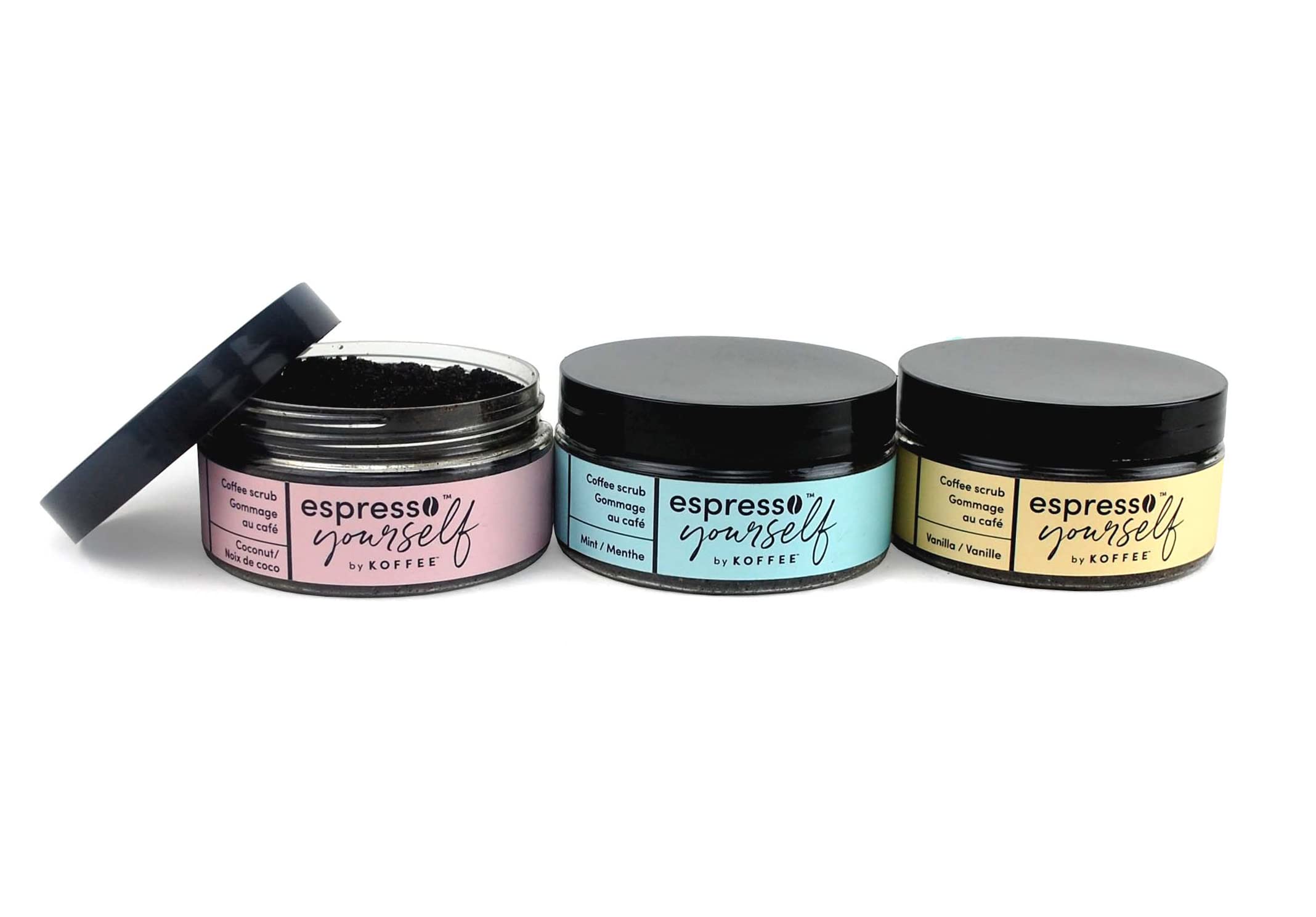 Koffee Beauty Espresso Yourself Iconic Trio - Exfoliating Body And Face Scrub Set - Polish And Smooth Skin With Ease - Invigorate Senses With Coconut, Vanilla, And Mint Fragrance Formula - 3 Pc