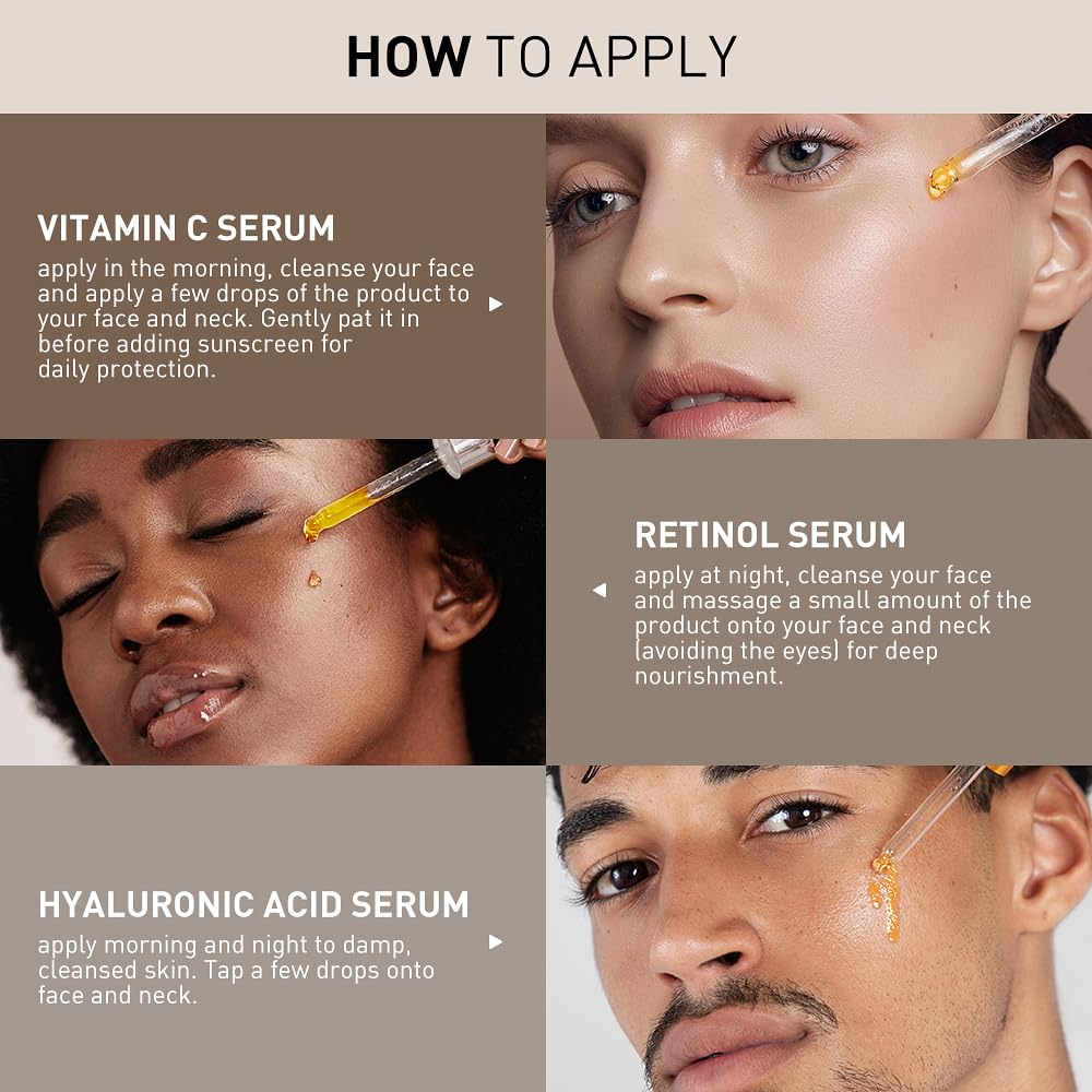 Aiwei Facial Serum Set - Includes Vitamin C, Retinol & Hyaluronic Acid - Improve Skin Texture, Glow & Hydration - Day and Night Face Serums for All Skin Types