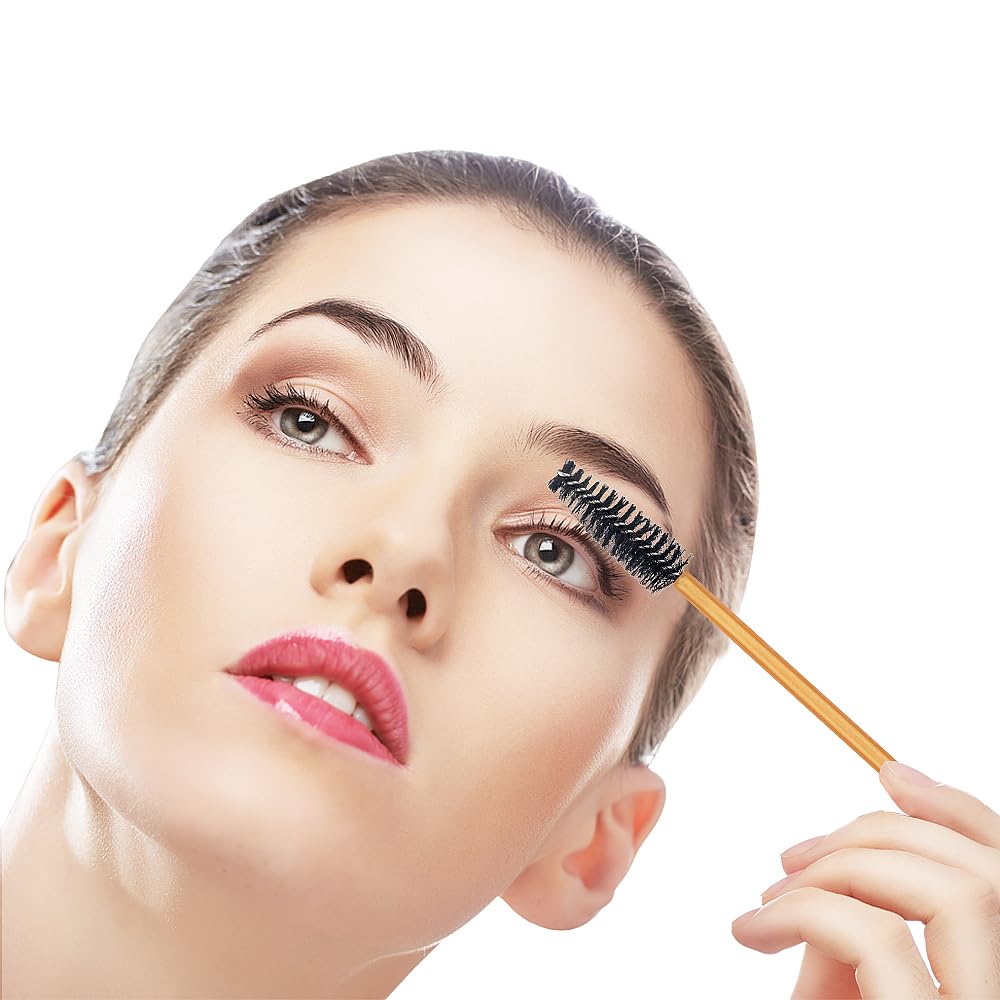 Mekupeu Gold/Black-300Pcs: 300 Pack Mascara Wands Disposable Eye Lash Brushes Applicator For Eyelash Extensions Makeup Tool Bulk, Gold/Black