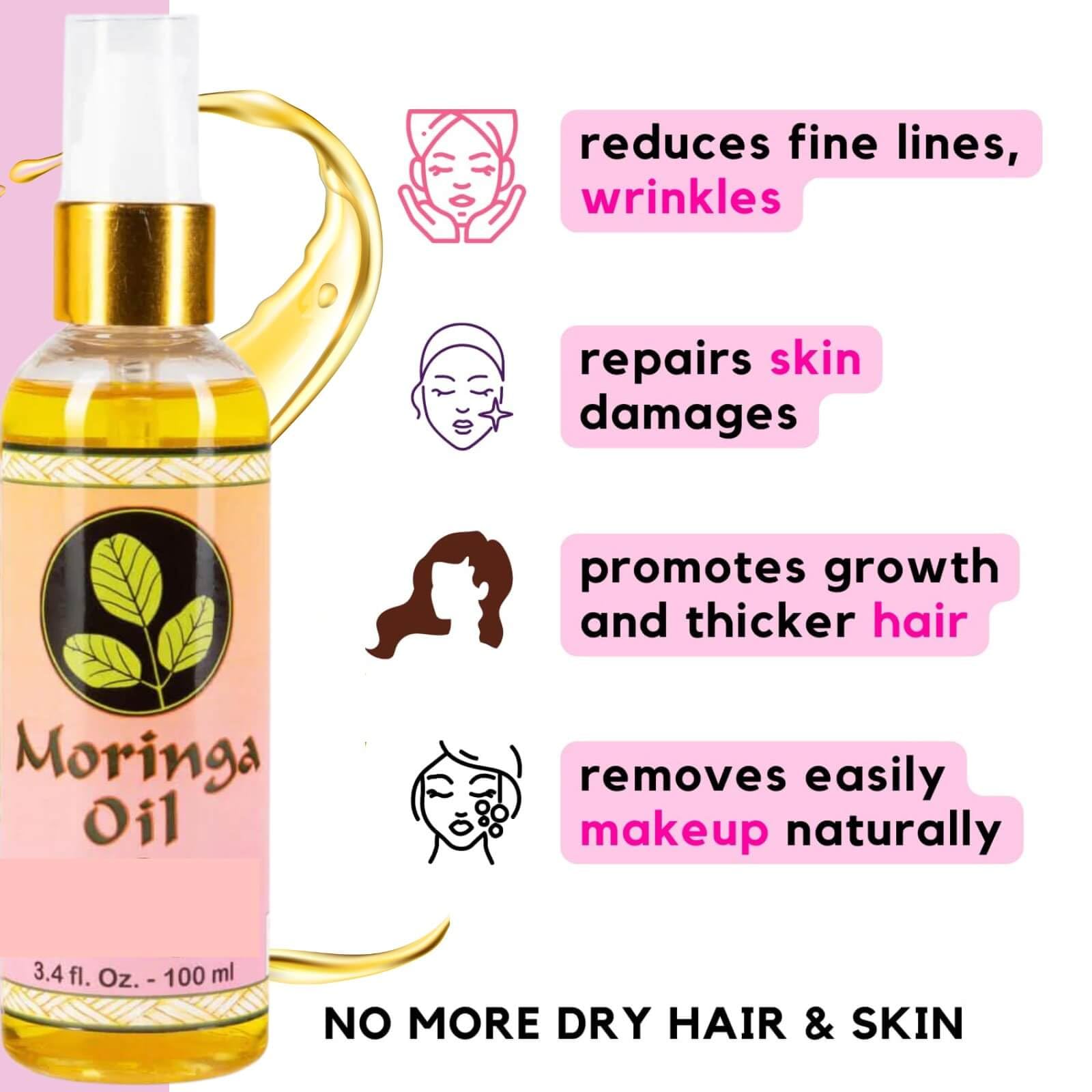 Moringa Oil 3.4 oz – Natural Face, Hair & Body Oil, 100% Pure, Cold-Pressed & Unrefined Moringa Seed Oil, Gluten-Free, Non-GMO, Vegan (100 ml)