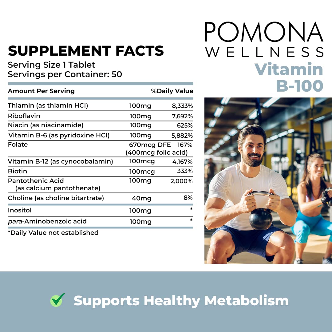 Pomona Wellness Vitamin B Complex Supplement with Folic Acid, High Potency Multivitamin, All 10 B Vitamins Including B12, Supports Energy Levels, Heart Health, Non-GMO, 50 Tablets