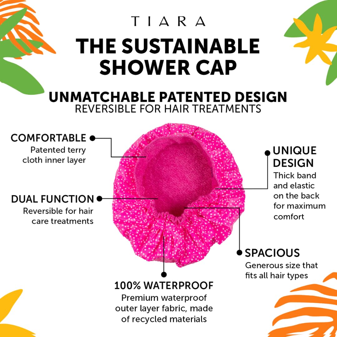 Patented Luxury Shower Cap - TIARA Shower Cap - Shower Cap for Women - Waterproof, Reusable Shower Caps - Dots Pink