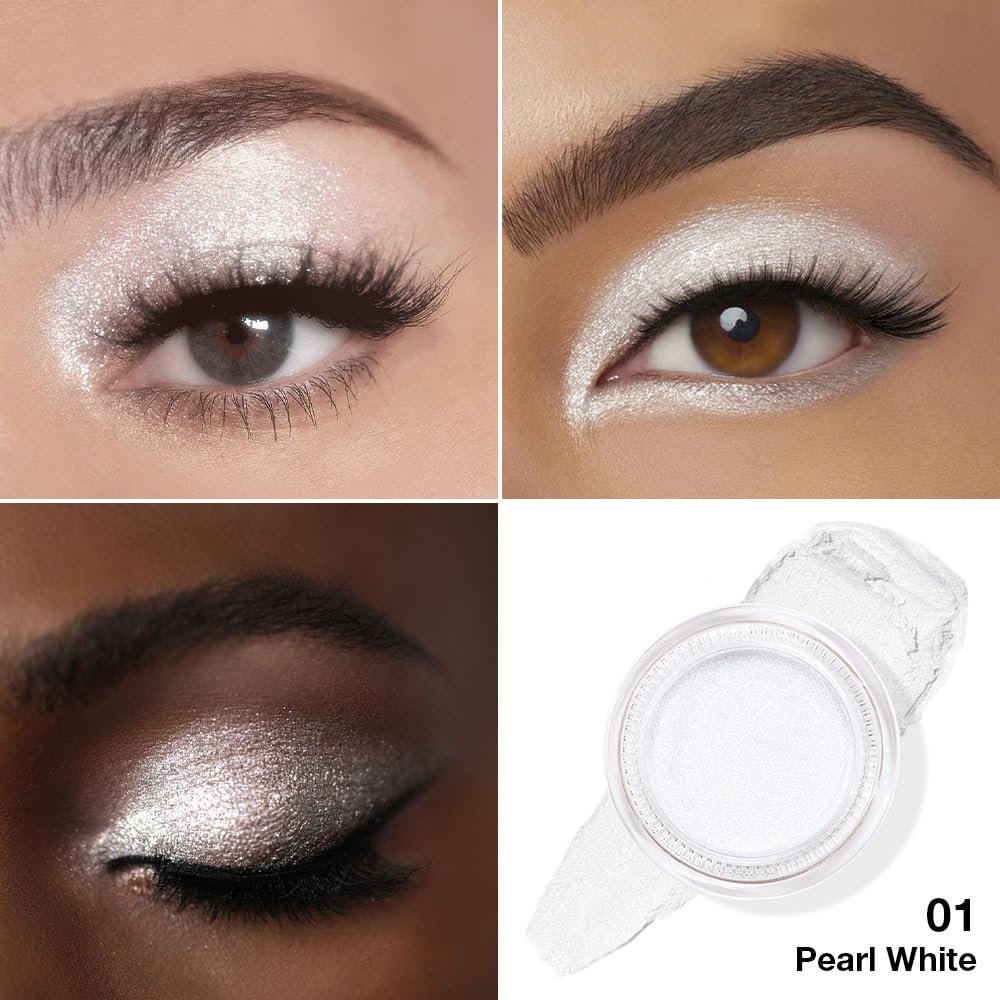 Kaely Single Cream Eyeshadow Pot, Pearl White Sparkle Highly Pigmented Monochrome Eye Shadow Palette Makeup, Waterproof Natural Mini Eyeshadow Brightener, sombras en crema para ojos, Blendable, 01