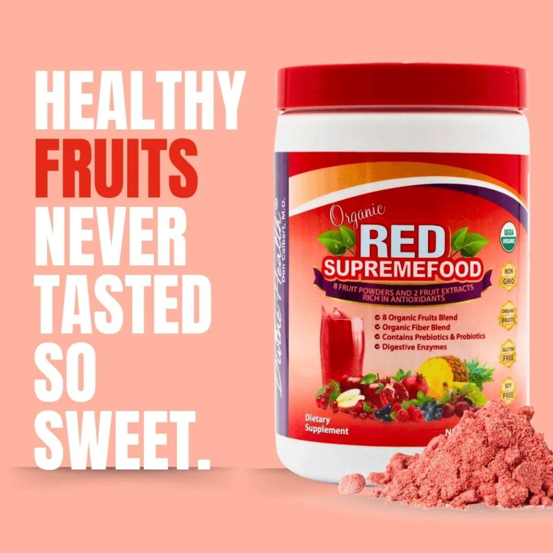 Divine Health Organic Red Supremefood® | 10 Organic Fruits + Probiotics, Enzymes, Herbs, Fiber & Antioxidants | Non-GMO Berry Flavored Blend | (180g) (30 Day Supply)