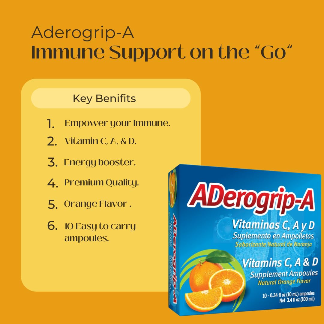ADEROGRIP-A Aderogripa Immune Support Vitamins C, A & D | Liquid Supplement | 10 Natural Orange Flavor Ampoules | Boost Your Immune System | Box of 10 x 10ml Ampoules | Suplemento en Ampolletas