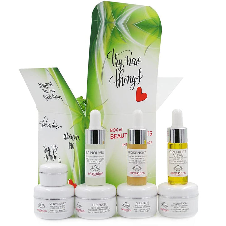 Sweetsation Therapy Box of Beauty Secrets. Travel collection of 8 Key Products. Facial Hyaluronic acid Serum, Facial Oil, Multi Vitamin Serum, Anti aging moisturizer, Eye cream.