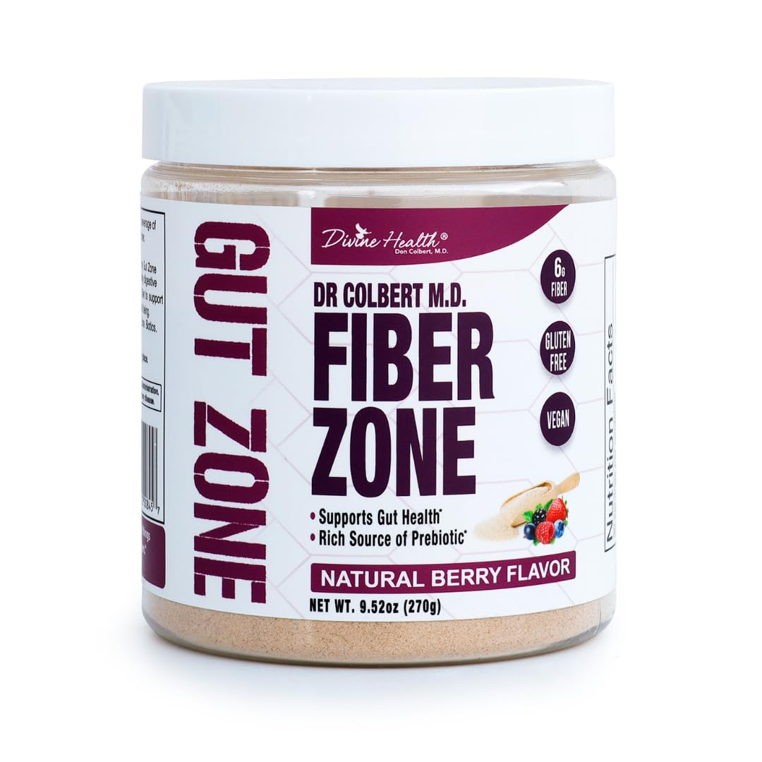 Divine Health Fiber Zone Powder | Berry Flavor | Recommended in Dr. Colbert's Gut Zone Book | Prebiotics, Isoluble & Soluble | Psyllium Husk & Inulin | 6g Fiber | 9.52 oz