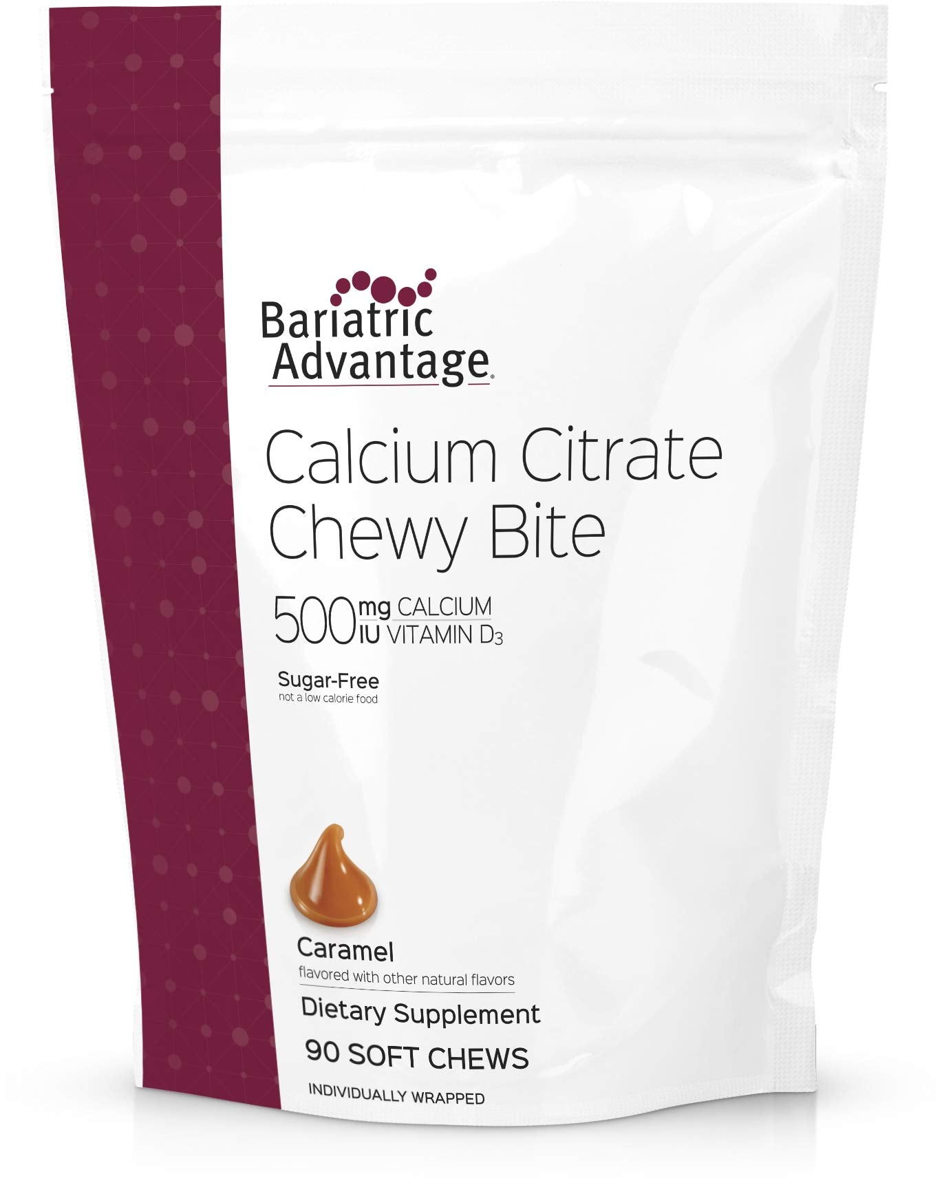Bariatric Advantage Calcium Citrate Chewy Bites 500 mg - for Bariatric Surgery Patients - Vitamin D3 - Sugar-Free Chewable Calcium Supplement - Bariatric Chews - Caramel Flavor - 90 Count