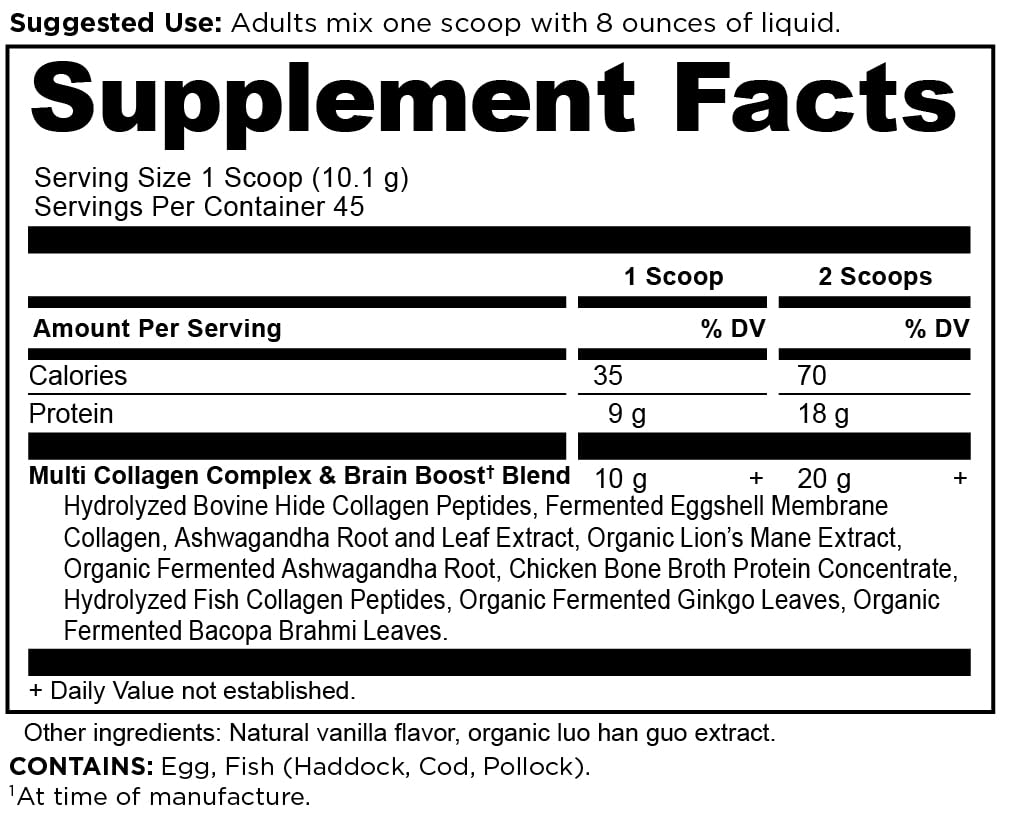 Ancient Nutrition Collagen Powder Brain Boost, Vanilla Collagen Protein Powder, Brain Supplement for Stress Management and Reduced Joint Discomfort (45 Serving)