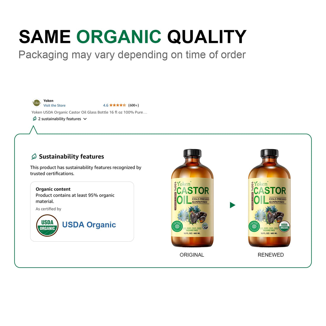 Yoken EWG Verified Castor Oil Glass Bottle 16 fl oz 100% Pure Natural Cold Pressed Castor Oil for Face, Body, Hair, Eyelash, Skin - Hexane Free, Unrefined, Virgin, Rich Fatty Acid for Caster Pack Wrap