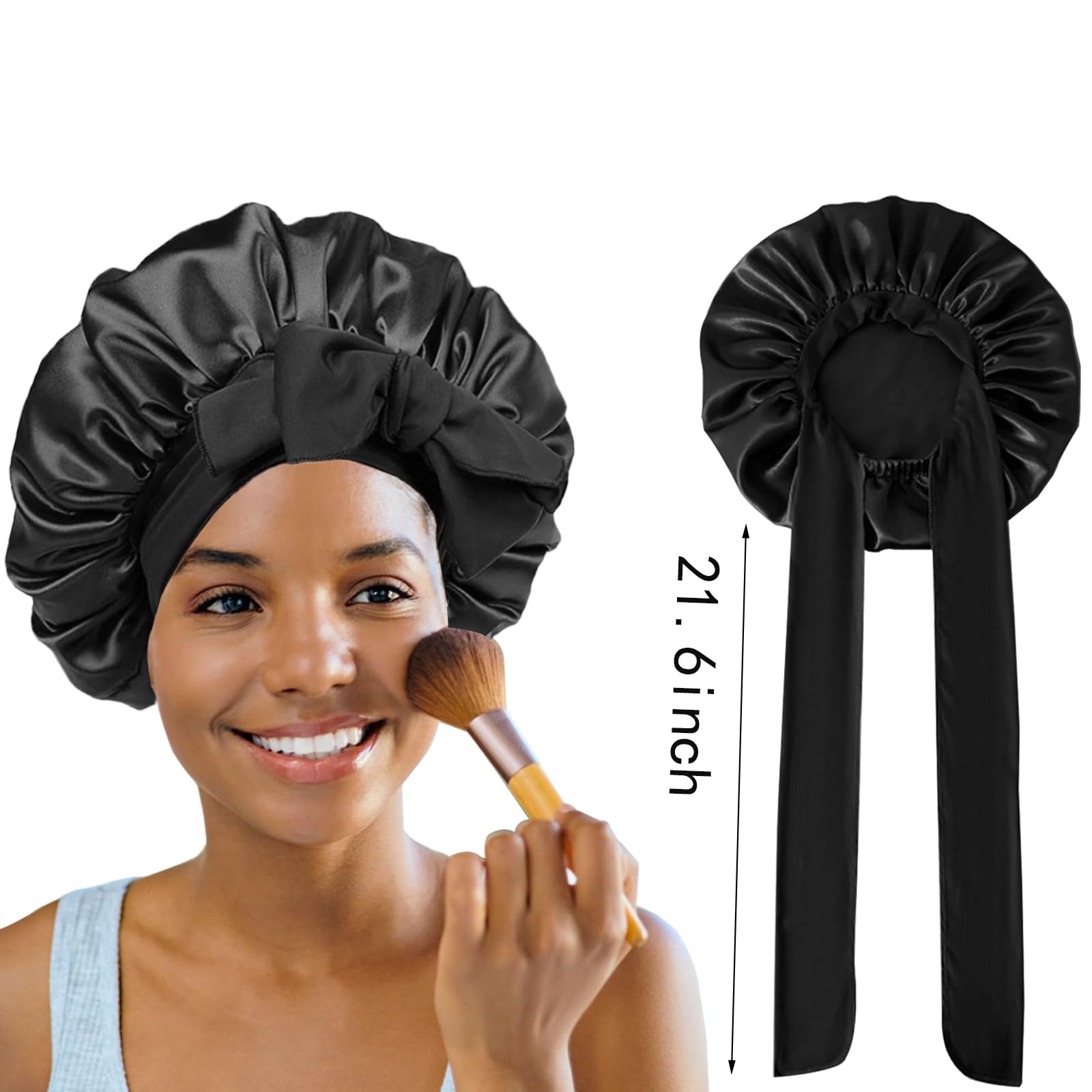 Silk Bonnet Satin Bonnet for Sleeping Large Bonnets with Tie Band Hair Wrap with Adjustable Straps Hair Cap for Women Curly Black