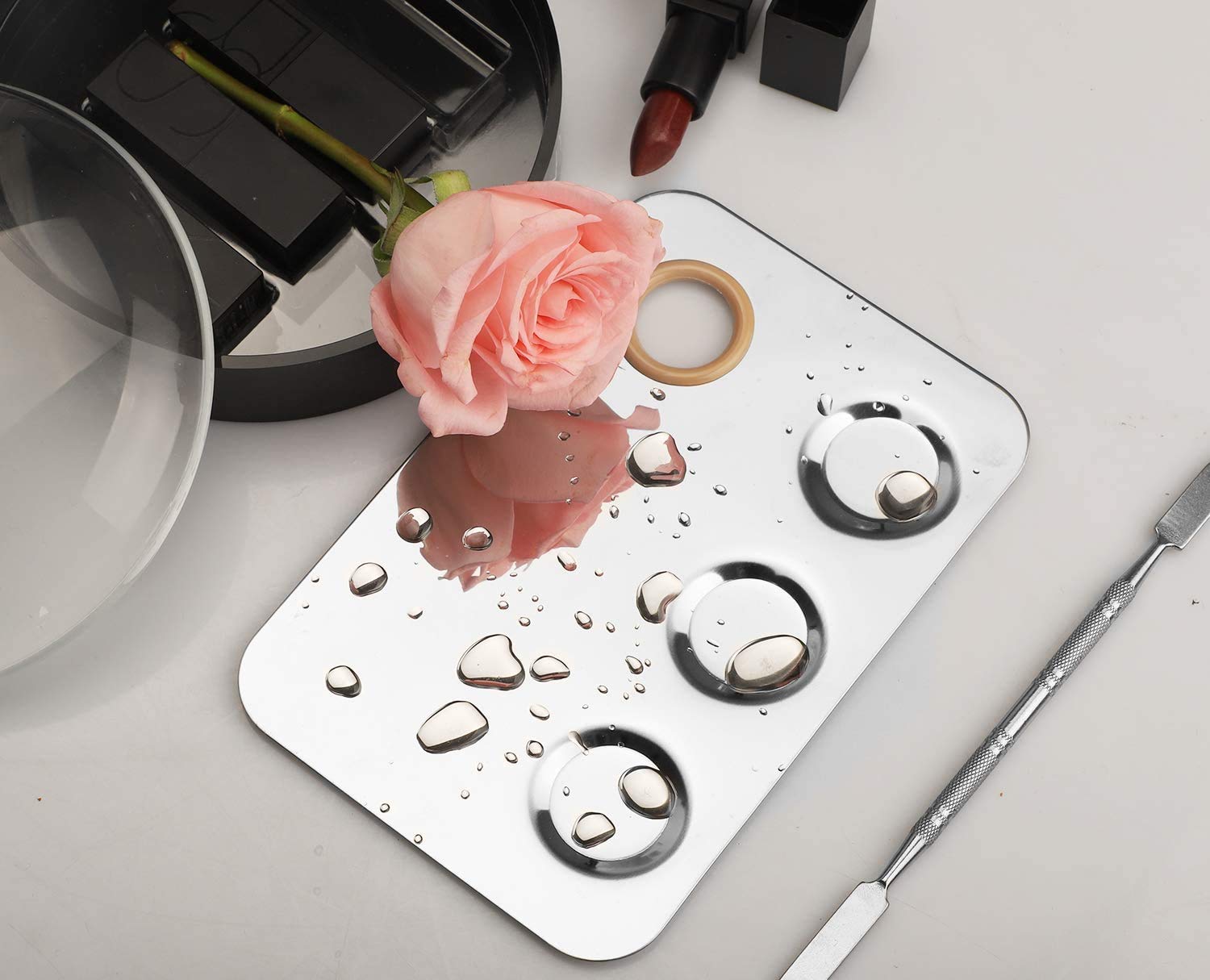 PrettyDate Makeup Palette 6x4inch Stainless Steel 3-well Nail-art Cosmetic Artist Mixing Palette with Spatula Tool for Mixing Foundation Silver