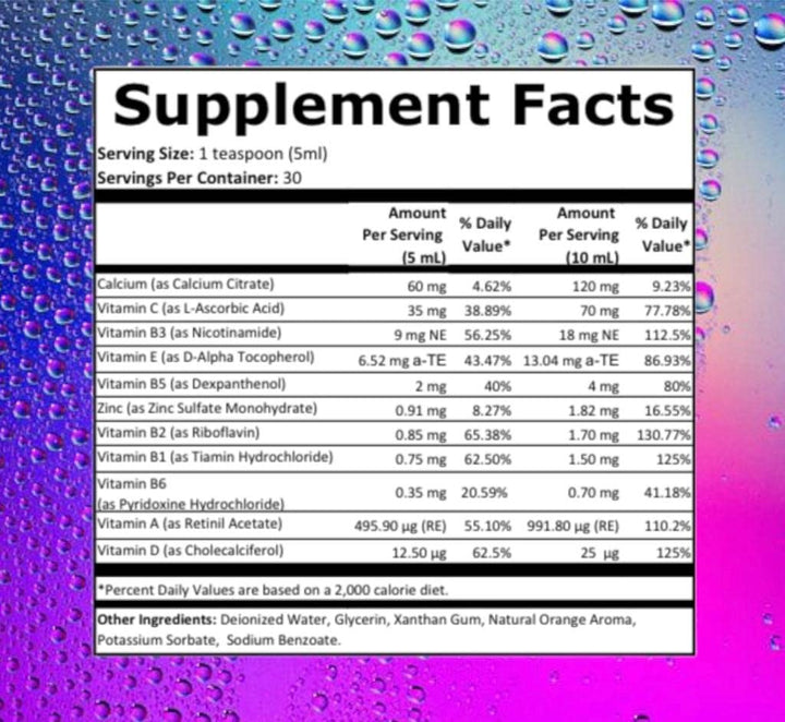 U-MORE Children's Multivitamin Syrup with Calcium, Vitamins C, B3, E, B5, Zinc, B2, B1, B6, A, D - Energy & Immune Support - 5.07 fl oz