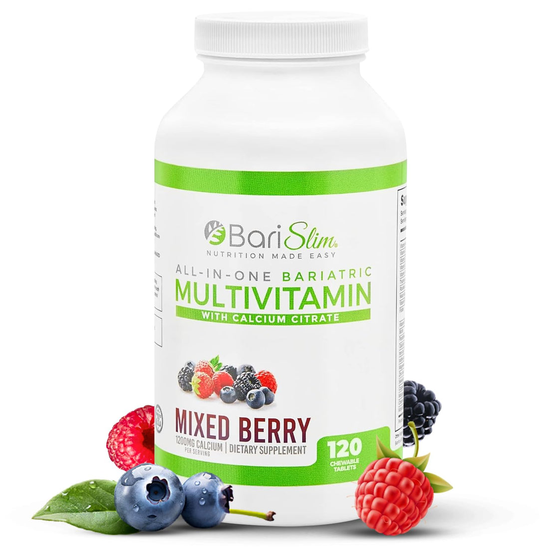 BariSlim All-in-One Bariatric Chewable Multivitamin Tablets w/Calcium Citrate - Bariatric Vitamin for Post Bariatric Surgery Including Gastric Bypass & Gastric Sleeve | Mixed Berry (120 Count)