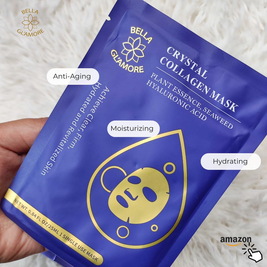 Bella Gl'amore Crystal Collagen Beauty Facial Mask, Facial Spa Mask, Plant Essence, Seaweed, Hyaluronic Acid, Hydrating, Moisturizing, Revitalizing, Anti-Aging, 10-Pack
