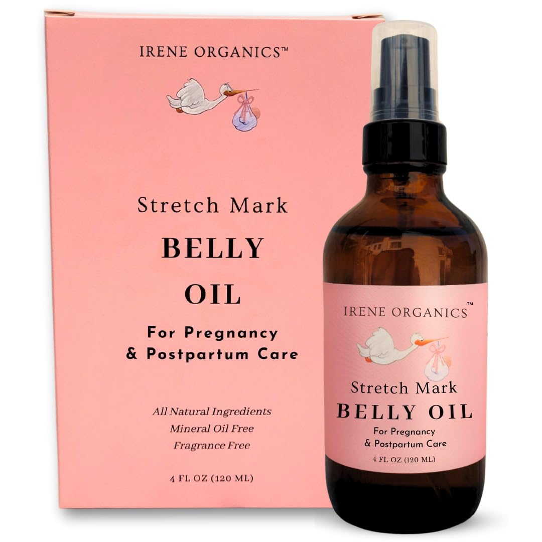 Irene Organics Organic Belly Oil for Pregnancy Stretch Mark Prevention and Treatment Award Winning Anti Stretch Mark Tummy Oil For Pregnancy and Postpartum - Hydrating Bump Serum