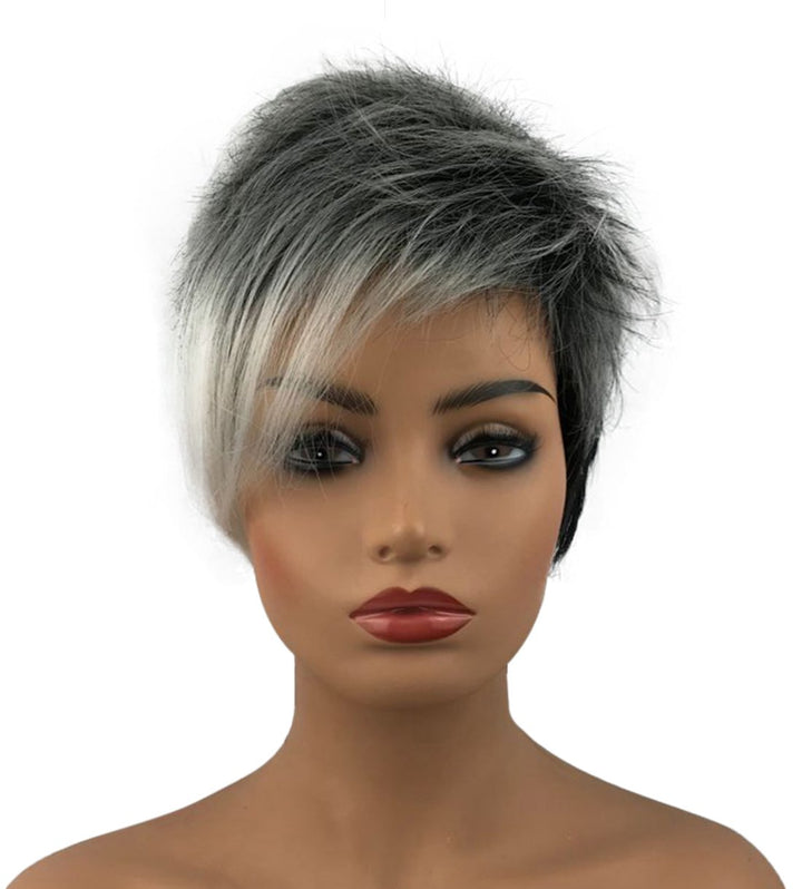 Wiginway 6'' Short Straight Wig For Women Ombre Gray Black Wigs Side Bangs Layered Punk Nightclub Party Wigs