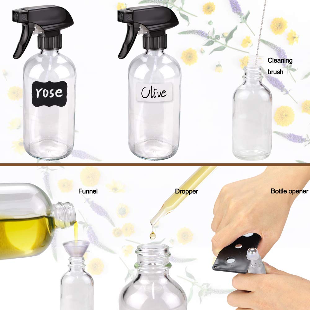 Glass Spray Bottles Kits, BonyTek Empty 12 10 ml Roller Bottles, 12 Clear Essential Oil Bottle (2 x 16oz,2 x 4oz,8 x 2oz) with Labels for Aromatherapy Cleaning Products
