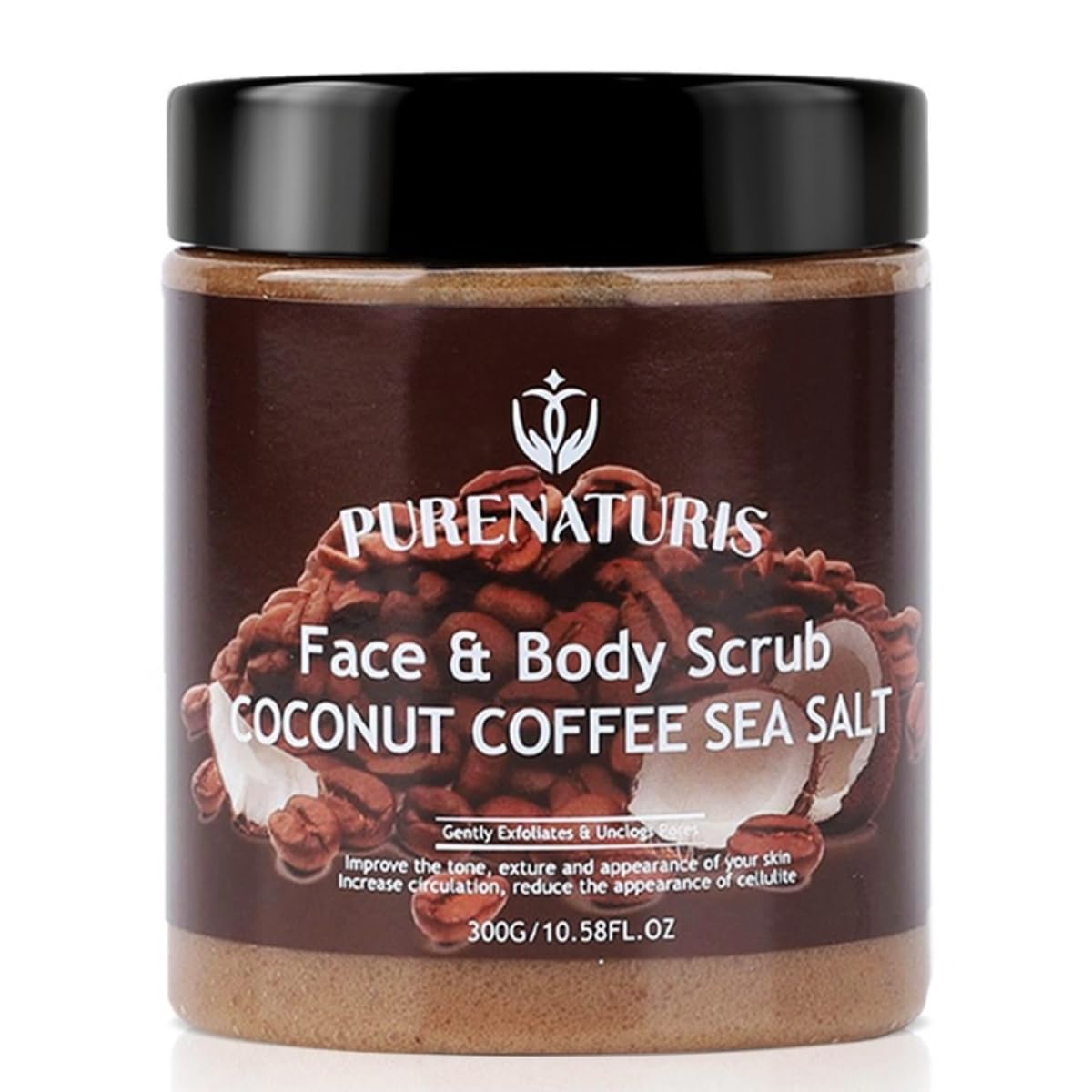 PureNaturis Coconut Coffee Sea Salt Scrub - Exfoliating & Moisturizing Face and Body Scrub with Natural Ingredients, Energizing and Hydrating, 10.58 Ounce