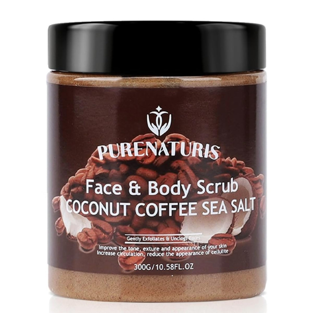 PureNaturis Coconut Coffee Sea Salt Scrub - Exfoliating & Moisturizing Face and Body Scrub with Natural Ingredients, Energizing and Hydrating, 10.58 Ounce