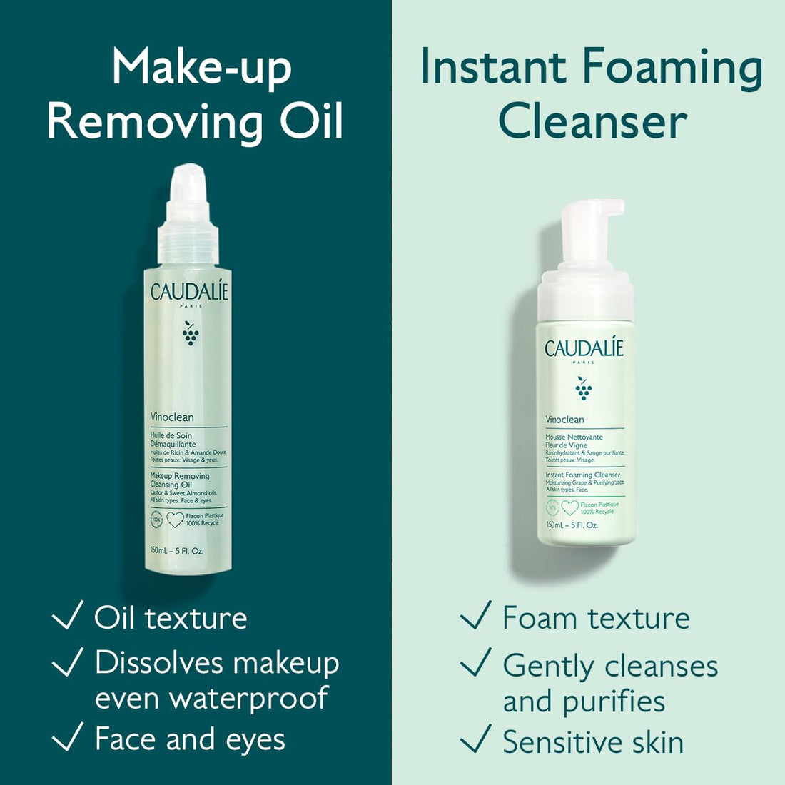 Caudalie Vinoclean Gentle Foaming Cleanser Travel Size, Instant Foaming Cleanser, 50 mL