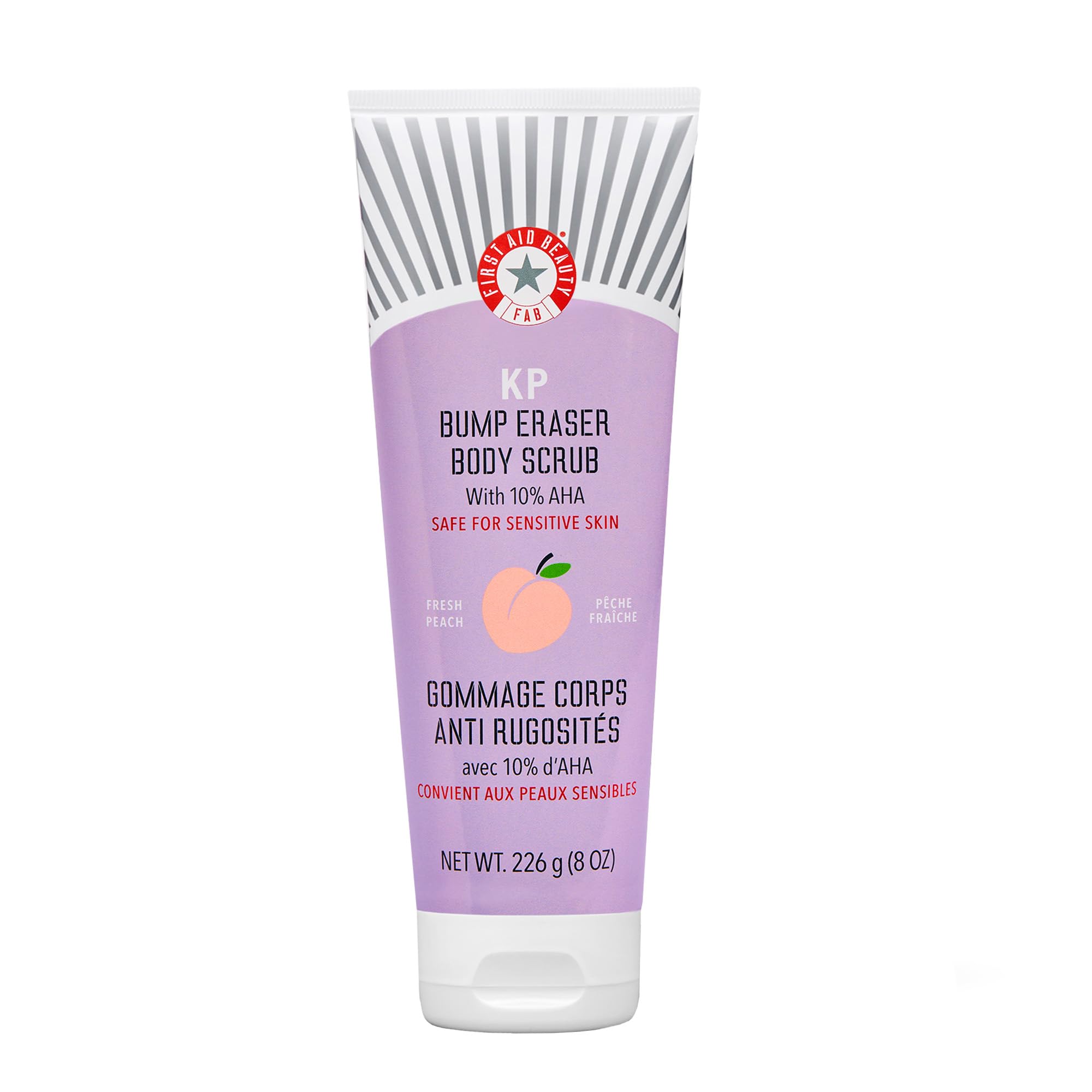 First Aid Beauty - KP Bump Eraser Body Scrub with 10% AHA, Keratosis Pilaris Exfoliator with Glycolic and Lactic acids, Helps Reduce Chicken Skin Bumps, Safe for Sensitive Skin, Peach Scent (8 oz)