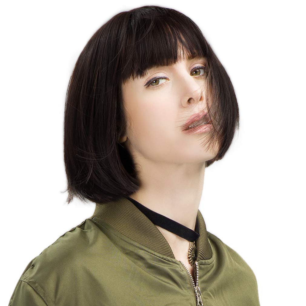 REECHO 11 Short Bob Wig with bangs Synthetic Hair for White Black Women Color: Black Brown