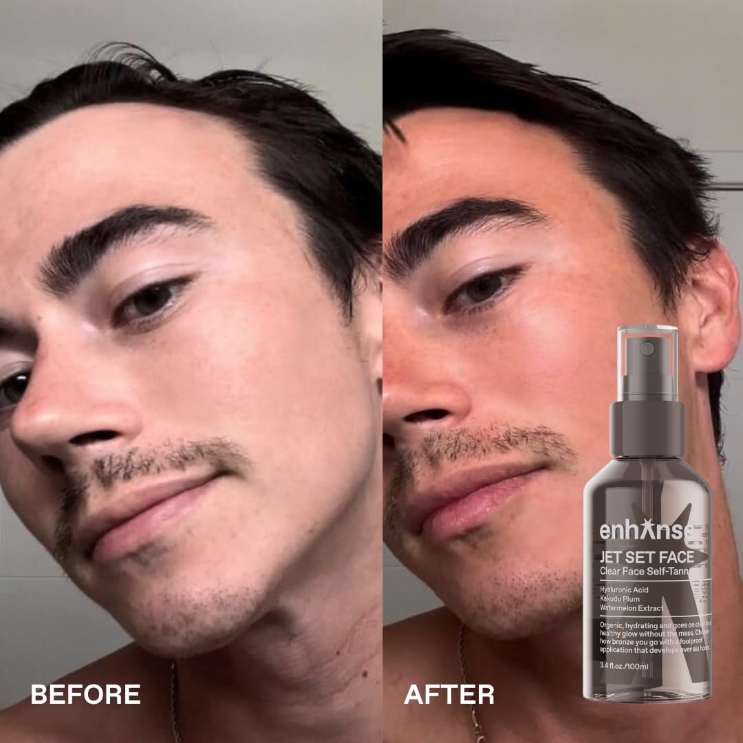 ENHANSE Jet Set Face Clear Self Tanner Spray for Men, Hyaluronic Acid, Hydrating Watermelon Extract, Mess & Streak Free, Anti Orange Tanning Water, 3.4 Fl Oz