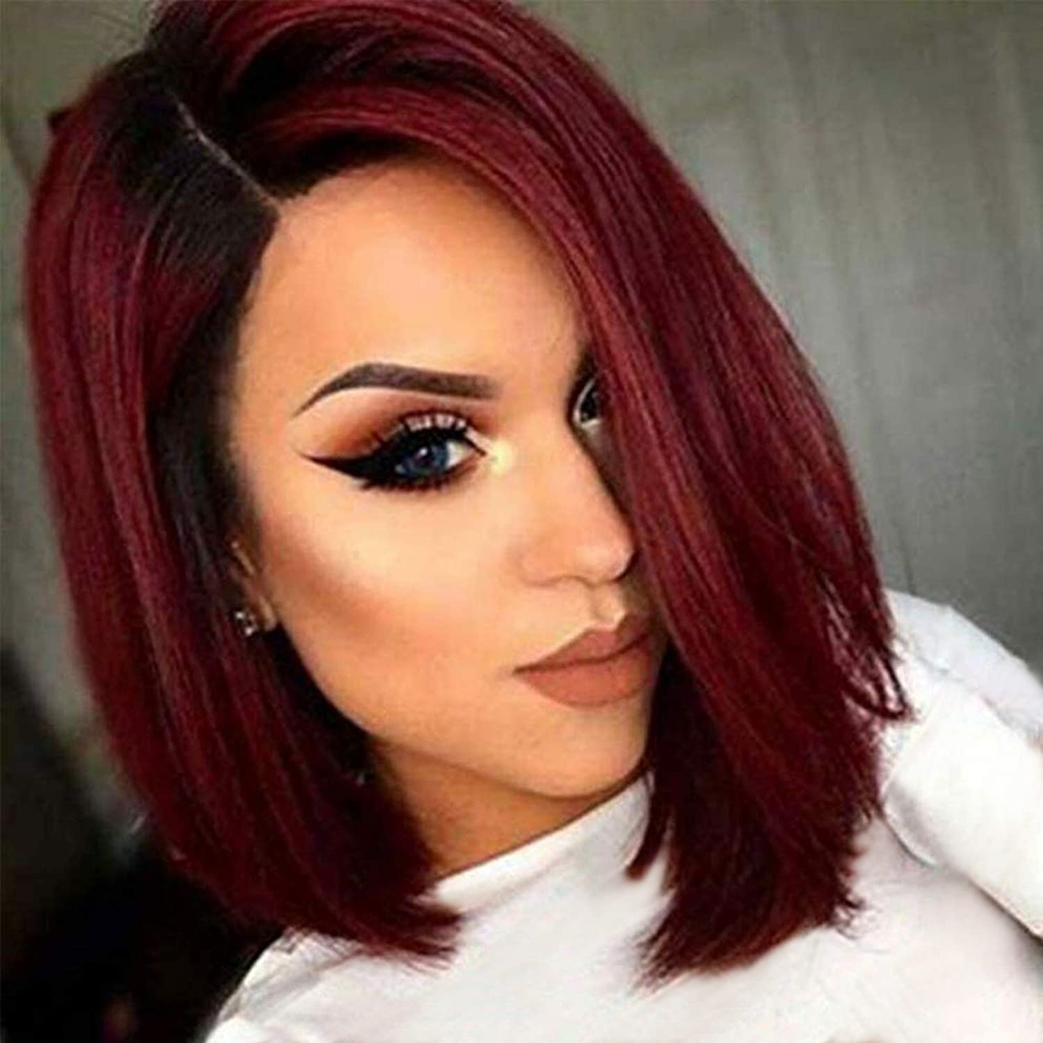 #1B/99J: Ahairbeauty Red Ombre Short Bob Straight Synthetic None Lace Hair Wigs Dark Roots Left Part For Women Black & Burgundy(#1B/99J)