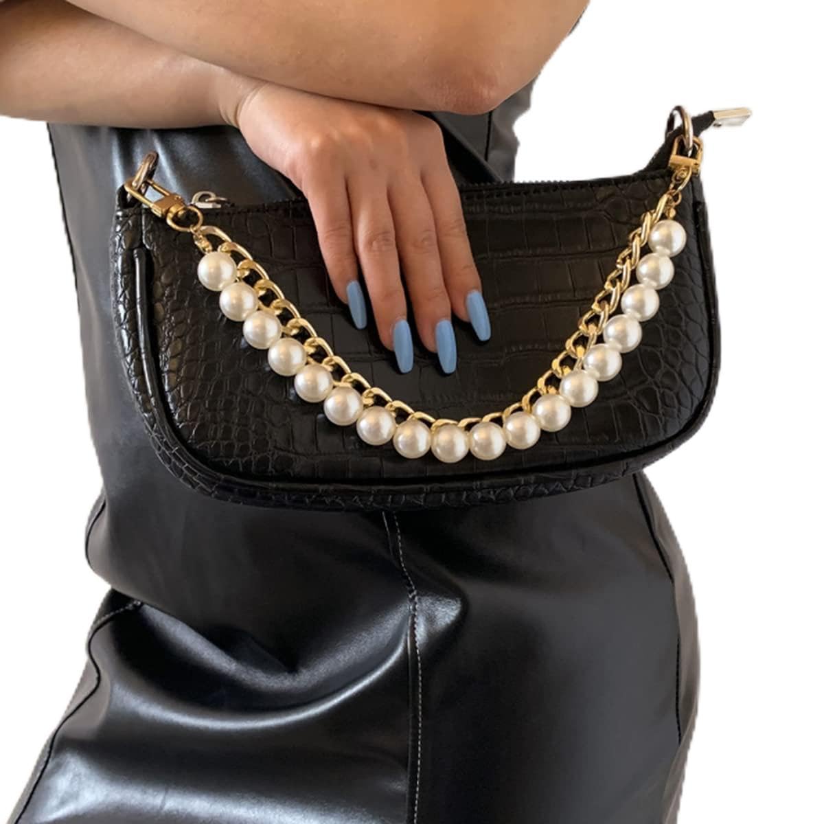 Xerling Short Pearl Bead Purse Handle Chain Heavy Chunky Cuban Handbag Chain Purse Replacement Strap Layered Bag Decoration Accessories Women (Gold)