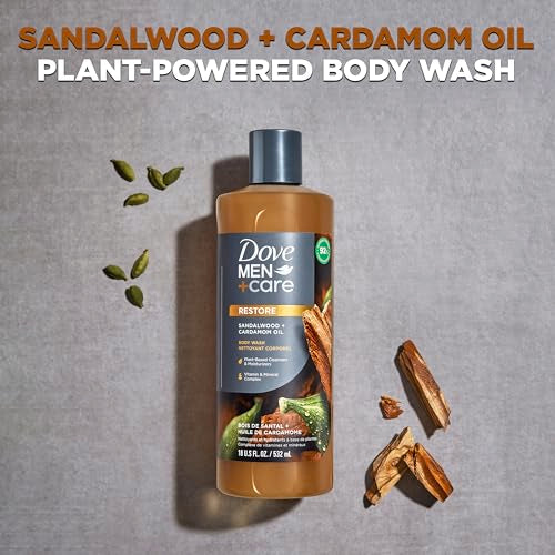 Dove Men+Care Body Wash Sandalwood + Cardamom Oil 4 Count to Rebuild Skin in the Shower with Plant-Based Cleansers and Moisturizers 18 oz