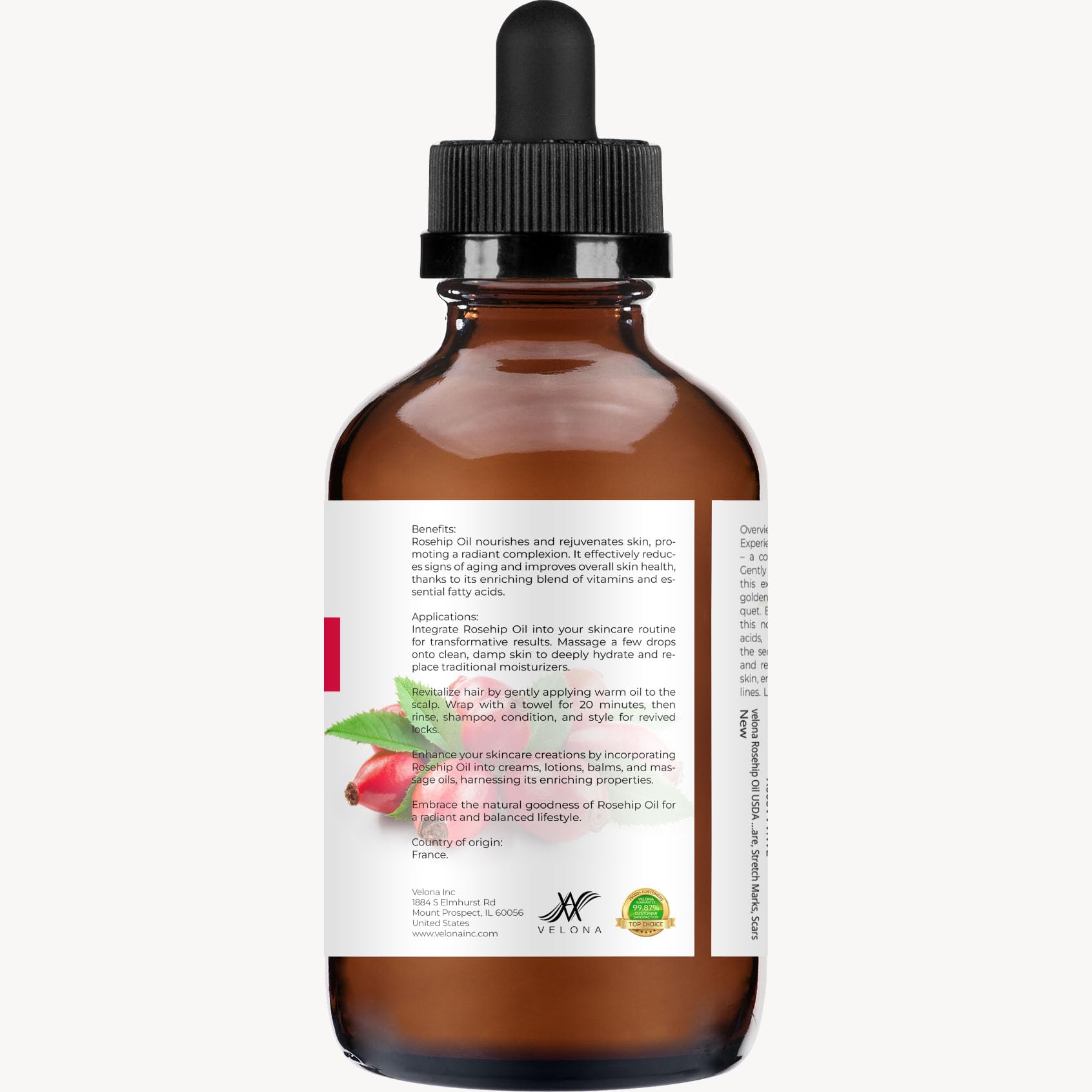 velona Rosehip Oil - 4 fl oz | 100% Pure and Natural Carrier Oil| Unrefined, Cold Pressed, Hexane Free | Moisturizing Face, Hair, Body, Skin Care, Stretch Marks, Scars…
