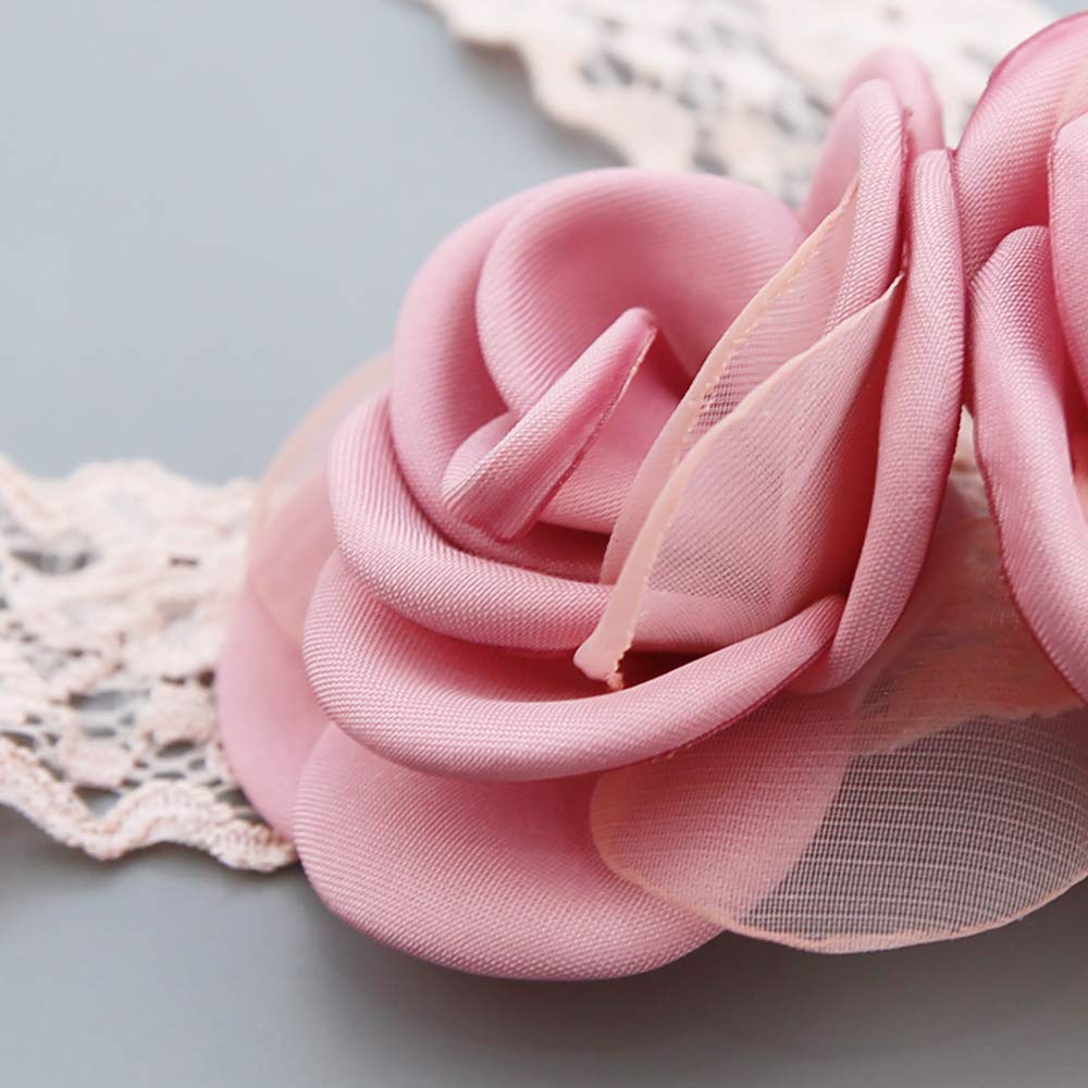 Kercisbeauty Baby Girls Pink Bows Headband Lace Flower Headwear for Toddler Babies Elastic Adjustable Head piece Wreath Halloween Holiday Sunday Headband
