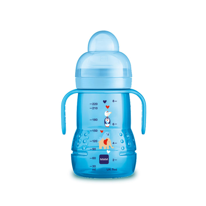 MAM Trainer Sippy Cup for Toddlers 1-3, 8 oz. Transition Drinking Cup with Extra-Soft Spout, Spill-Free Nipple, and Non-Slip Handles, for Boys 4+ Months, 1 Count