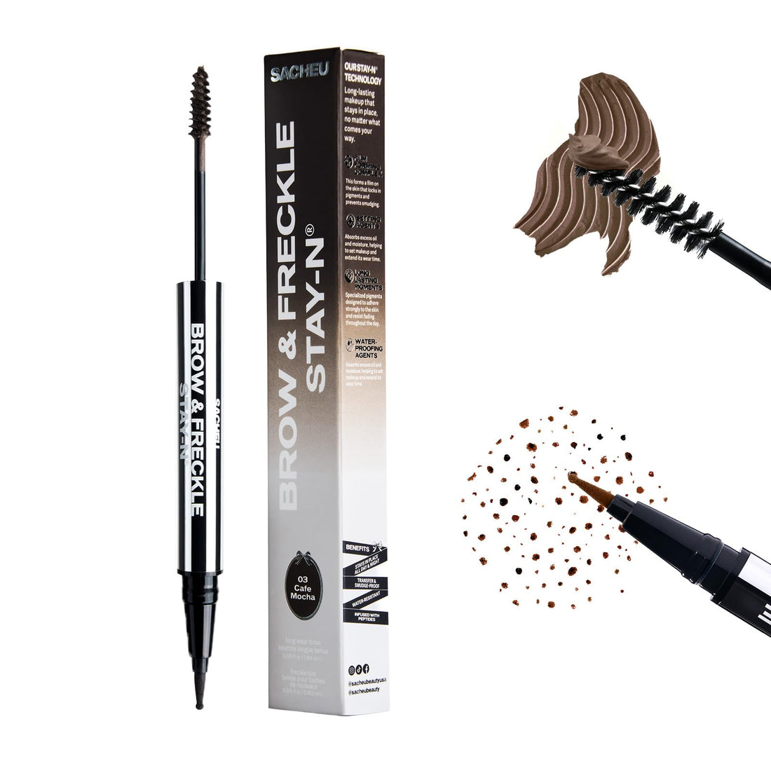 Sacheu Brow & Freckle STAY-N Tinted Eyebrow Gel & Faux Freckle Pen — 2-in-1 Longwear Water Resistant Brows Tint, Cruelty-Free & Vegan, Cafe Mocha