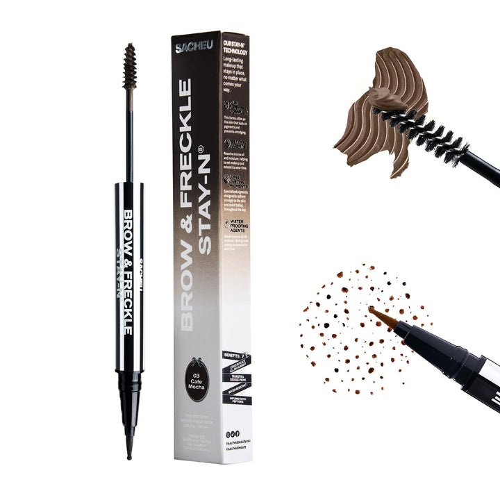 Sacheu Brow & Freckle STAY-N Tinted Eyebrow Gel & Faux Freckle Pen — 2-in-1 Longwear Water Resistant Brows Tint, Cruelty-Free & Vegan, Cafe Mocha