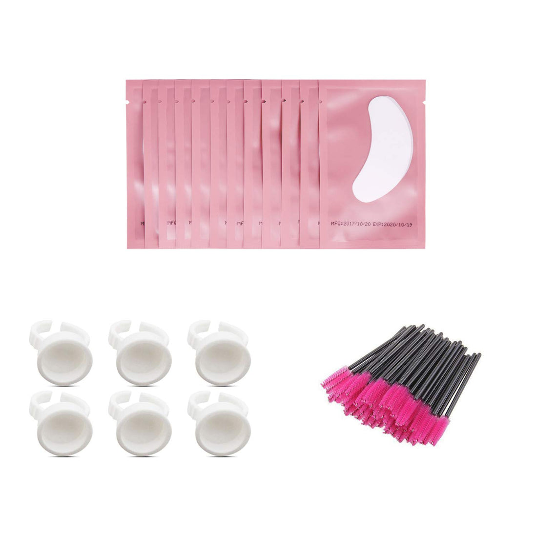 Voncasen 3X100 Packs- Lint Free Lash Extension Eye Gel Patches& Glue Rings Holder Eyelash Extension Rings& Eyelash Mascara Brushes Wands