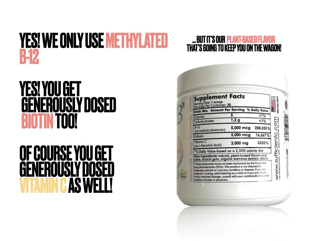 Sufficient-C Abundant-B High-Dose Methyl B-12 and Biotin Pink Lemonade Energy Drink Mix Solution - Flavor w/Function in Each Refreshing sip!