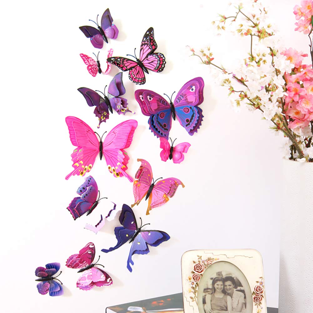 JYPHM 24PCS 3D Butterfly Wall Decal Double Wings Removable Refrigerator Magnets Stickers Decor for Kids Room Decoration Home and Bedroom Art Mural Purple