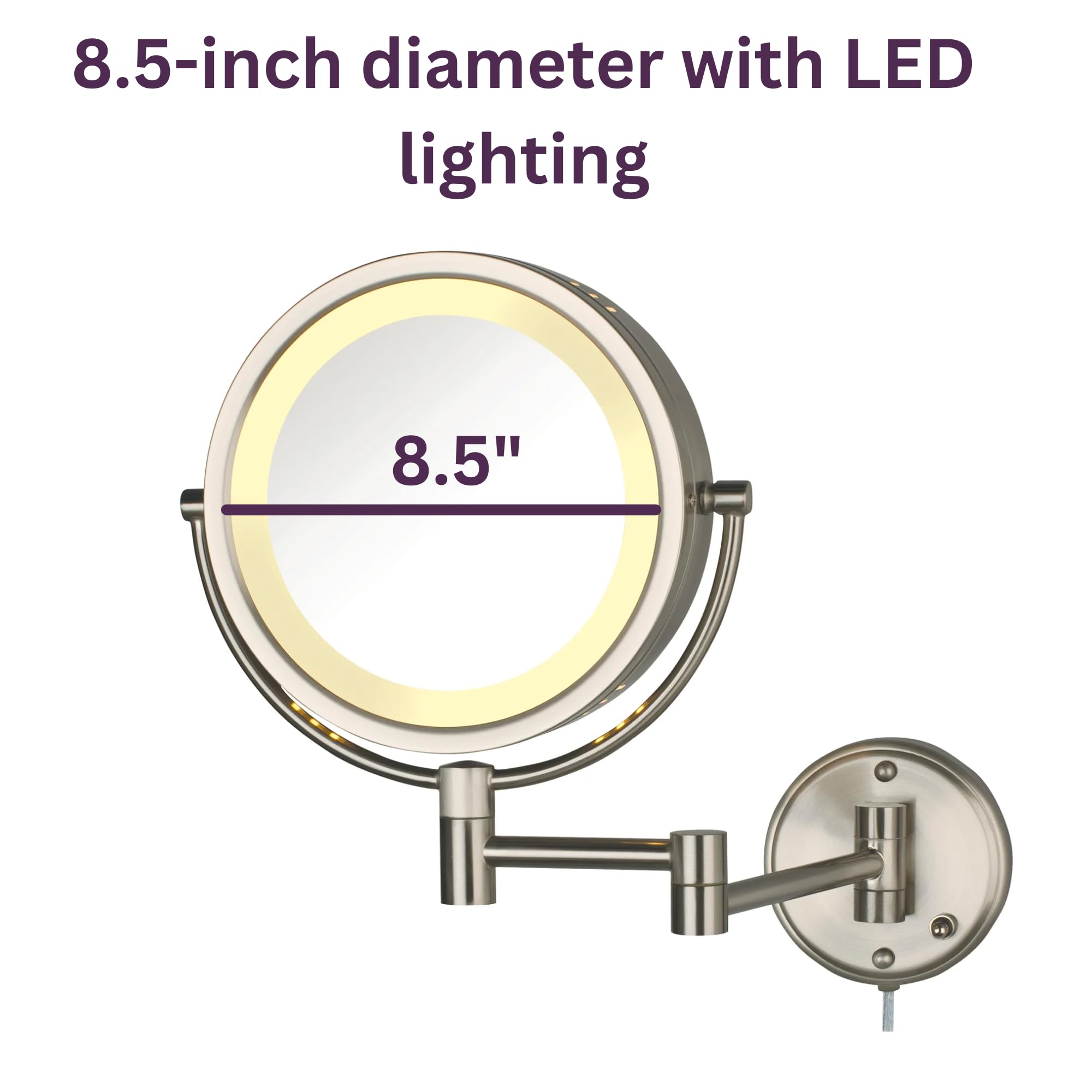Jerdon HL75N 8.5-Inch Lighted Wall Mount Makeup Mirror with 8x Magnification, Nickel Finish