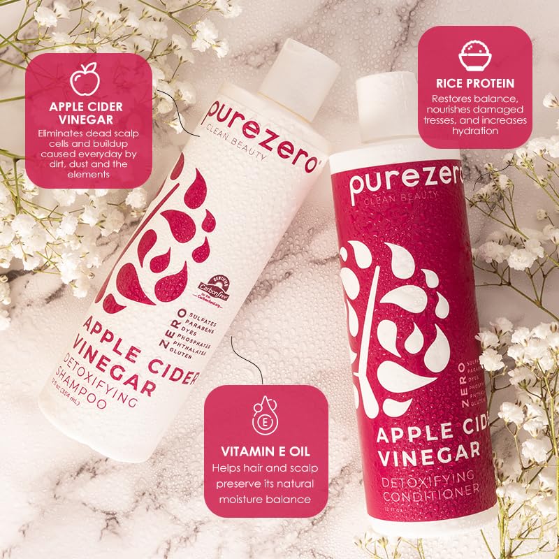 Purezero Apple Cider Vinegar Shampoo & Conditioner Set - Detox Scalp & Hair - pH balanced -Increase Hydration - Zero Sulfates, Parabens, Dyes - 100% Vegan & Cruelty Free - Great For Color Treated Hair