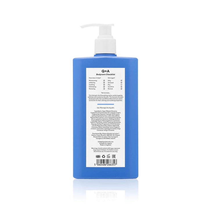 Q+A Salicylic Acid Smoothing Lotion, a BHA that exfoliates the skin, combats 'backne' and unwanted texture, 250ml