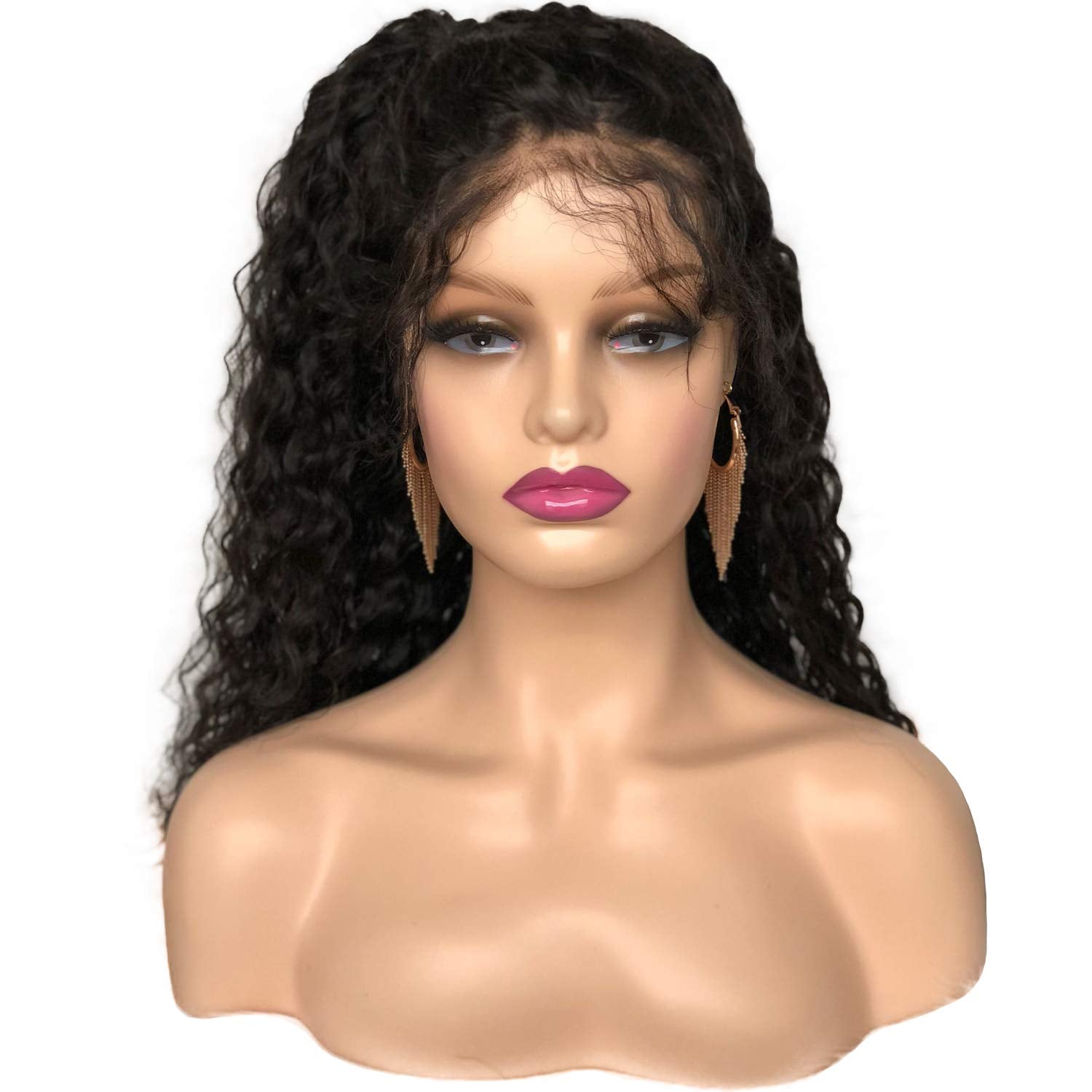 Voloria Realistic Female Mannequin Head with Shoulder Manikin PVC Head Bust Wig Head Stand with Makeup for Wigs Display Necklace Earrings Beige