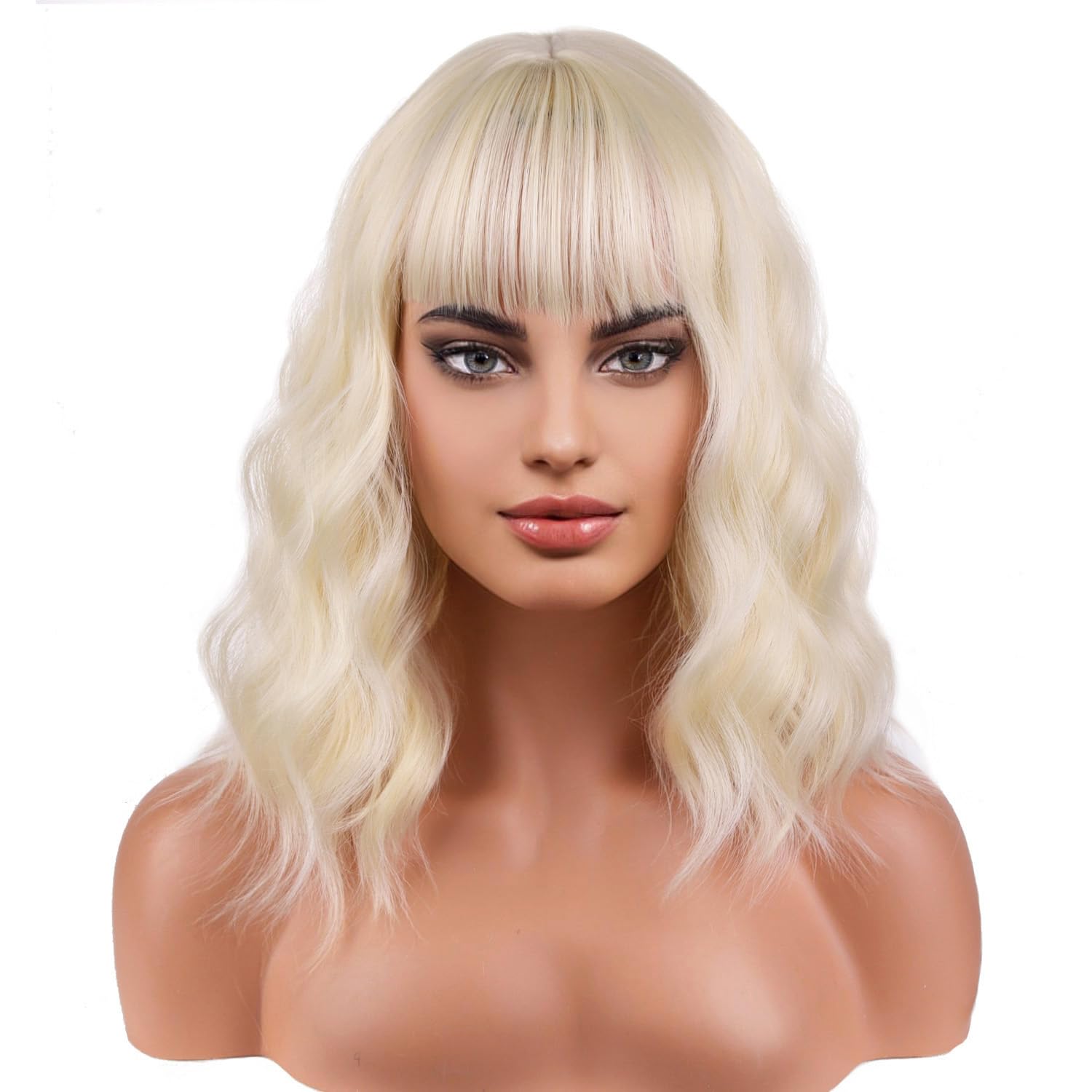 RightOn 14'' Short Curly Women Girl's Charming Synthetic Wig with Air Bangs Wig Cap Included (Light Blonde)