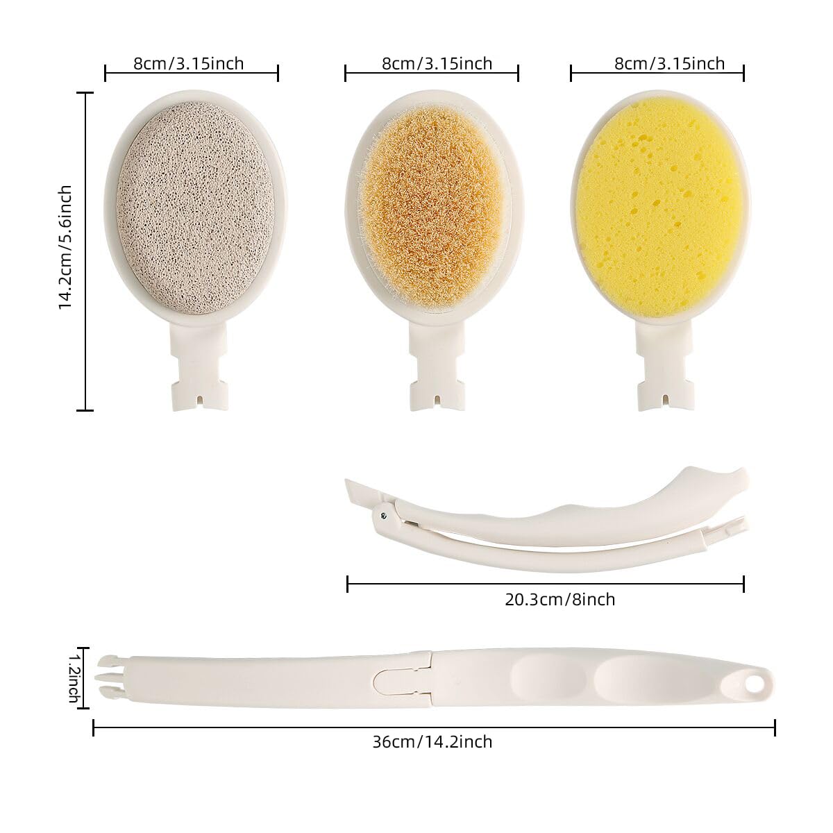 LFJ Bath Body Brush Set with Long Handle, 3 in 1 Foldable Shower Brush Back Scrubber with Brush Sponge Pumice Head for Bath and Shower, Exfoliating or Dry Skin Brushing