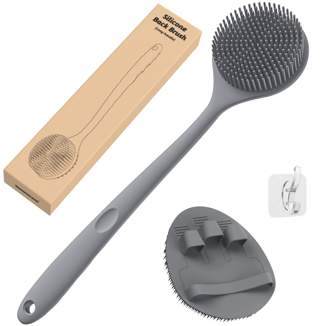 ManmiHealth Silicone Back Scrubber & Soft Shower Brush Set(2 PCS), Super-Exfoliating Body Scrubber (Thin Bristles)& Super-Lathering Bath Glove Combination, with a Free Hook (Grey)