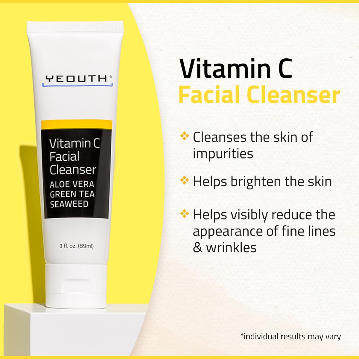 Vitamin C Facial Cleanser Infused with Aloe Vera, Green Tea and Sea Weed from YEOUTH - Soothing, Calming, Deep Penetrating Pore Face Wash for Radiant Skin - Formulated For All Skin Types