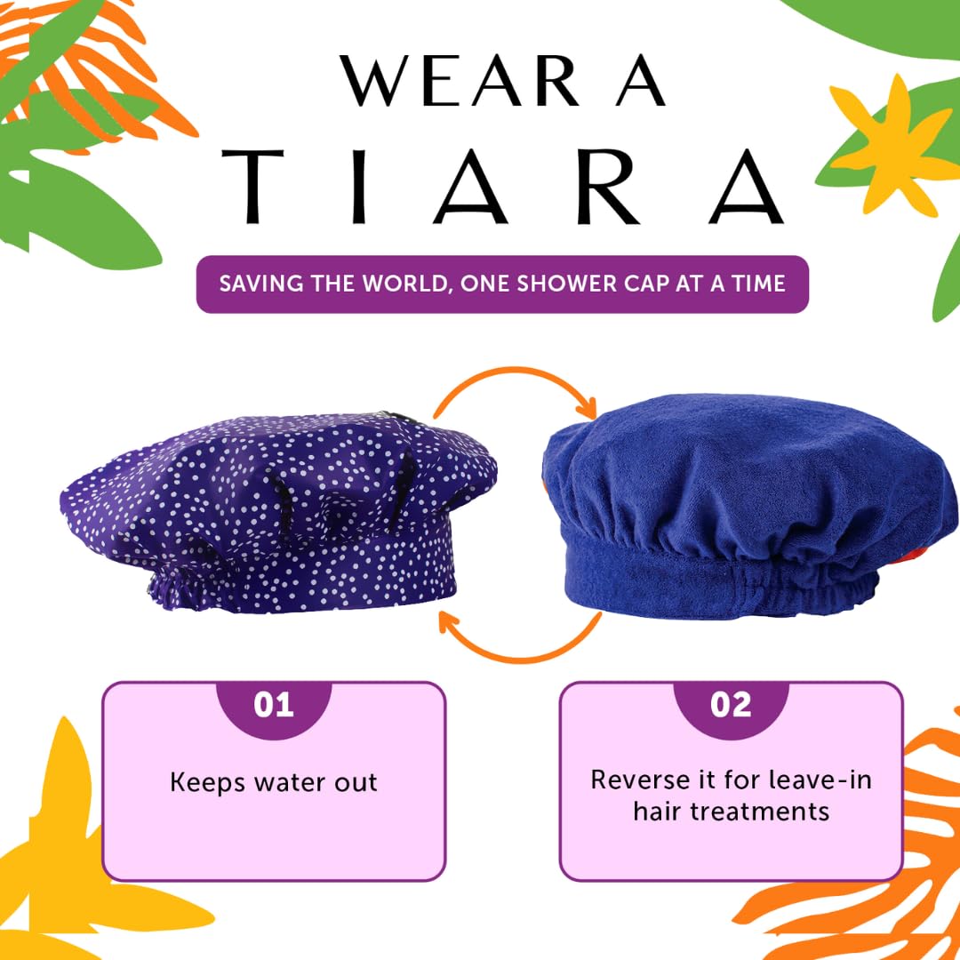 No Pinch Tiara Shower Cap Best Shower Cap In Usa Terry Lined Reversible Patented Tiara Shape (Dots Blue)