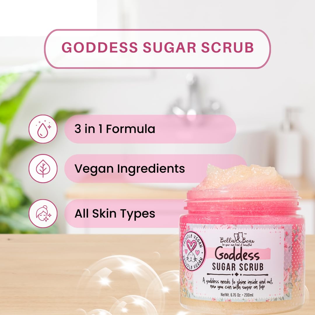 Bella & Bear Gift Set - 3-in-1 Body Scrub & Goddess Body Butter in Glossy Pink Box - Vegan, Cruelty-Free, Mango-Pineapple-Coconut Scent